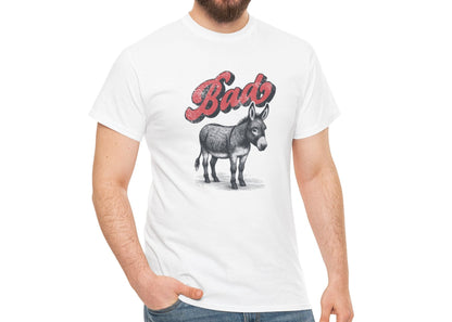 A person wearing a white T-shirt featuring the word "Bad" in red text above a detailed donkey illustration, implying "Bad Ass," modeled for a close fit. Part of the Vivid Divergence Sensory Friendly Unisex Tees Range.