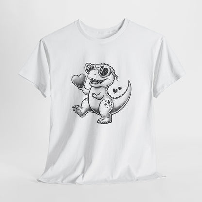 Front view of a white T-shirt featuring a black-and-white cartoon dinosaur holding a heart, designed for Valentine’s Day. Exclusive release for Valentine’s Day. Part of the Vivid Divergence Sensory Friendly Unisex Tees Range.