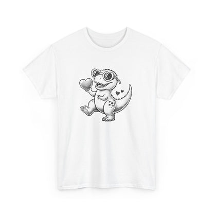 Front view of a white T-shirt featuring a black cartoon dinosaur holding a heart, designed for Valentine’s Day. Exclusive release for Valentine’s Day. Part of the Vivid Divergence Sensory Friendly Unisex Tees Range.