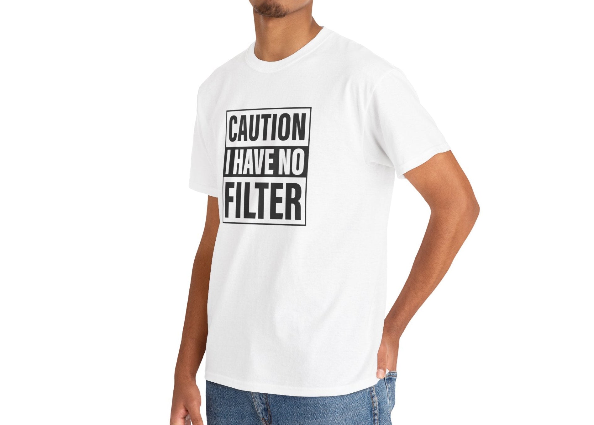 A person wearing a white T-shirt with bold text "Caution: I Have No Filter" in black, posing with hands on hips. Part of the Vivid Divergence Sensory Friendly Unisex Tees Range.