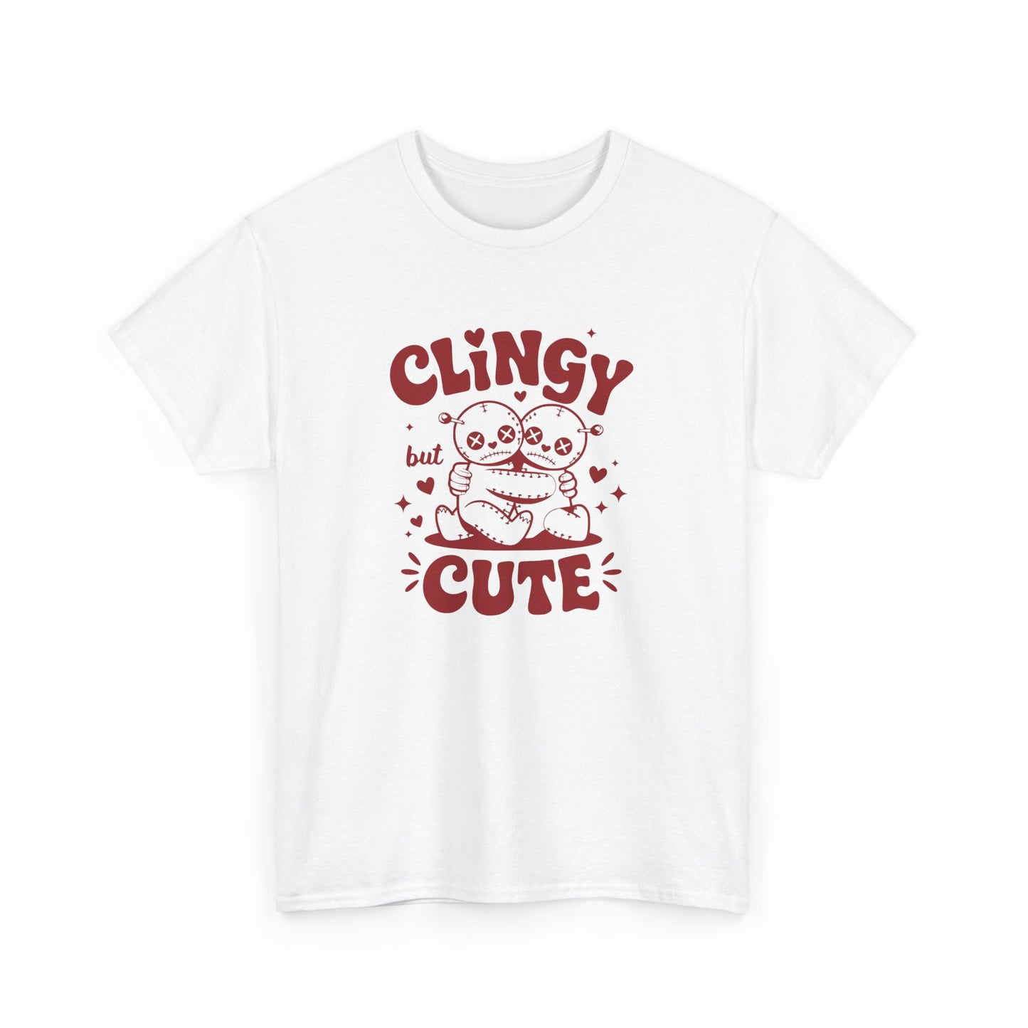 Front view of a white T-shirt with red text and cartoon sloth illustration that reads "Clingy But Cute." Exclusive release for Valentine’s Day. Part of the Vivid Divergence Sensory Friendly Unisex Tees Range.