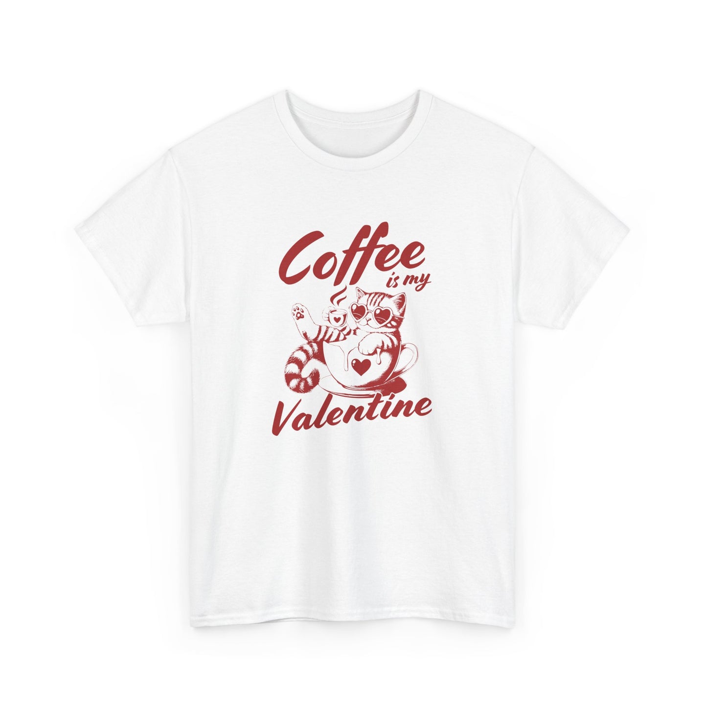 Front view of a white T-shirt with red text and cat illustration holding a coffee cup that reads "Coffee Is My Valentine." Exclusive release for Valentine’s Day. Part of the Vivid Divergence Sensory Friendly Unisex Tees Range.