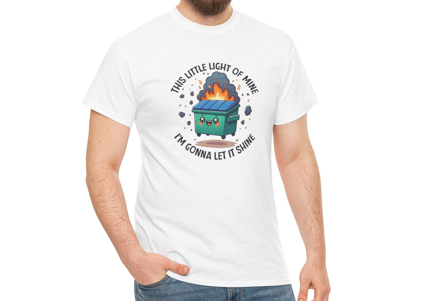 Person wearing a white T-shirt featuring a colorful dumpster fire graphic with the text "This Little Light Of Mine I'm Going To Let It Shine." Part of the Vivid Divergence Sensory Friendly Unisex Tees Range.