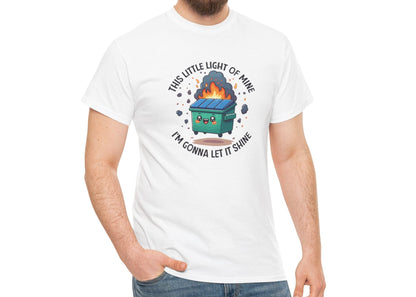 Person wearing a white T-shirt featuring a colorful dumpster fire graphic with the text "This Little Light Of Mine I'm Going To Let It Shine." Part of the Vivid Divergence Sensory Friendly Unisex Tees Range.