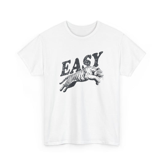 Front view of a white T-shirt featuring the text "EASY" and a tiger illustration in black. Part of the Vivid Divergence Sensory Friendly Unisex Tees Range.