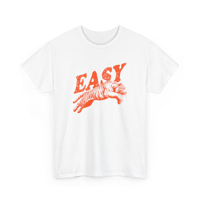 White T-shirt with "EASY" text and a tiger illustration in red, displayed flat on a white background. Part of the Vivid Divergence Sensory Friendly Unisex Tees Range. 