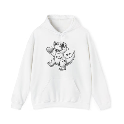 Front view of a white hoodie featuring a cute cartoon dinosaur holding hearts in a black design. Exclusive release for Valentine's Day. Part of the Vivid Divergence Sensory Friendly Sweaters Range.