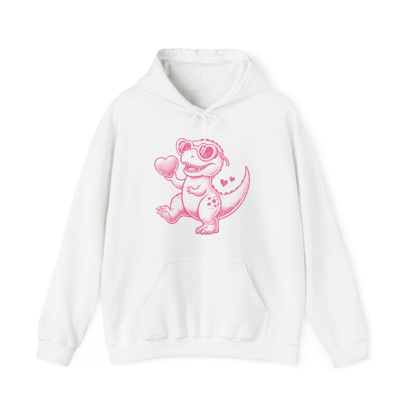 Front view of a white hoodie featuring a cute cartoon dinosaur holding hearts in a pink design. Exclusive release for Valentine's Day. Part of the Vivid Divergence Sensory Friendly Sweaters Range.