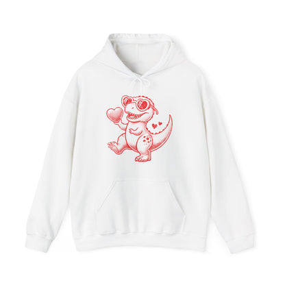 Front view of a white hoodie featuring a cute cartoon dinosaur holding hearts in a red design. Exclusive release for Valentine's Day. Part of the Vivid Divergence Sensory Friendly Sweaters Range.