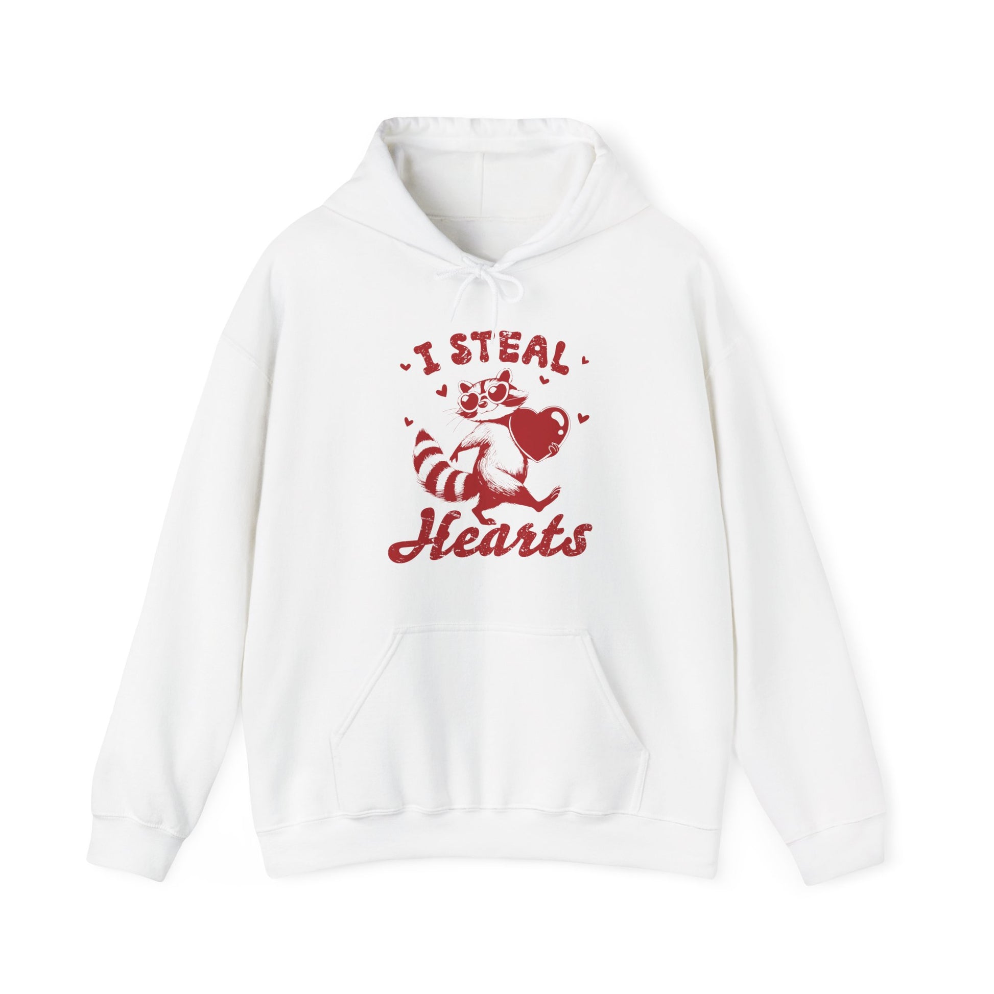 Front view of a white hoodie with "I Steal Hearts" text and a cute red Cupid design holding a bow and arrow. Exclusive release for Valentine's Day. Part of the Vivid Divergence Sensory Friendly Sweaters Range.