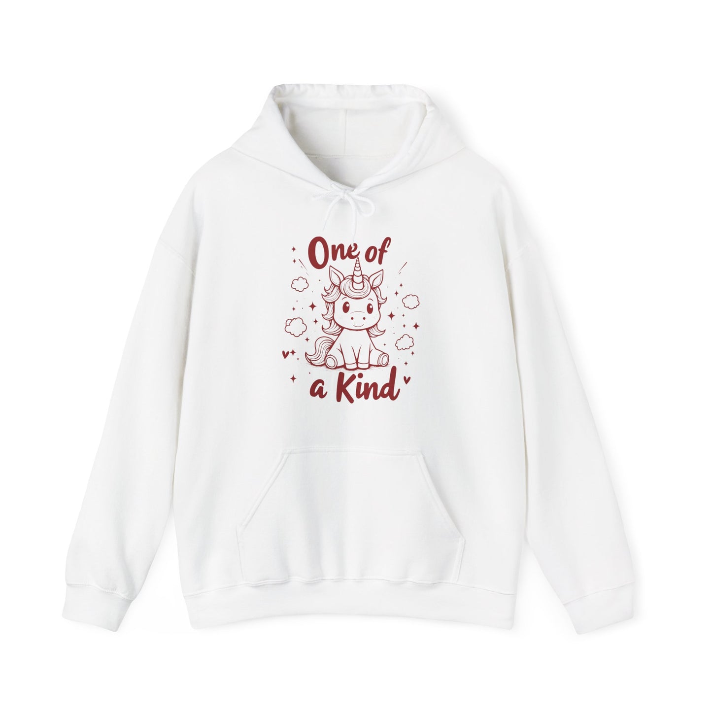 Front view of a white hoodie featuring "One of a Kind" text and a cute unicorn design in red. Exclusive release for Valentine's Day. Part of the Vivid Divergence Sensory Friendly Sweaters Range.