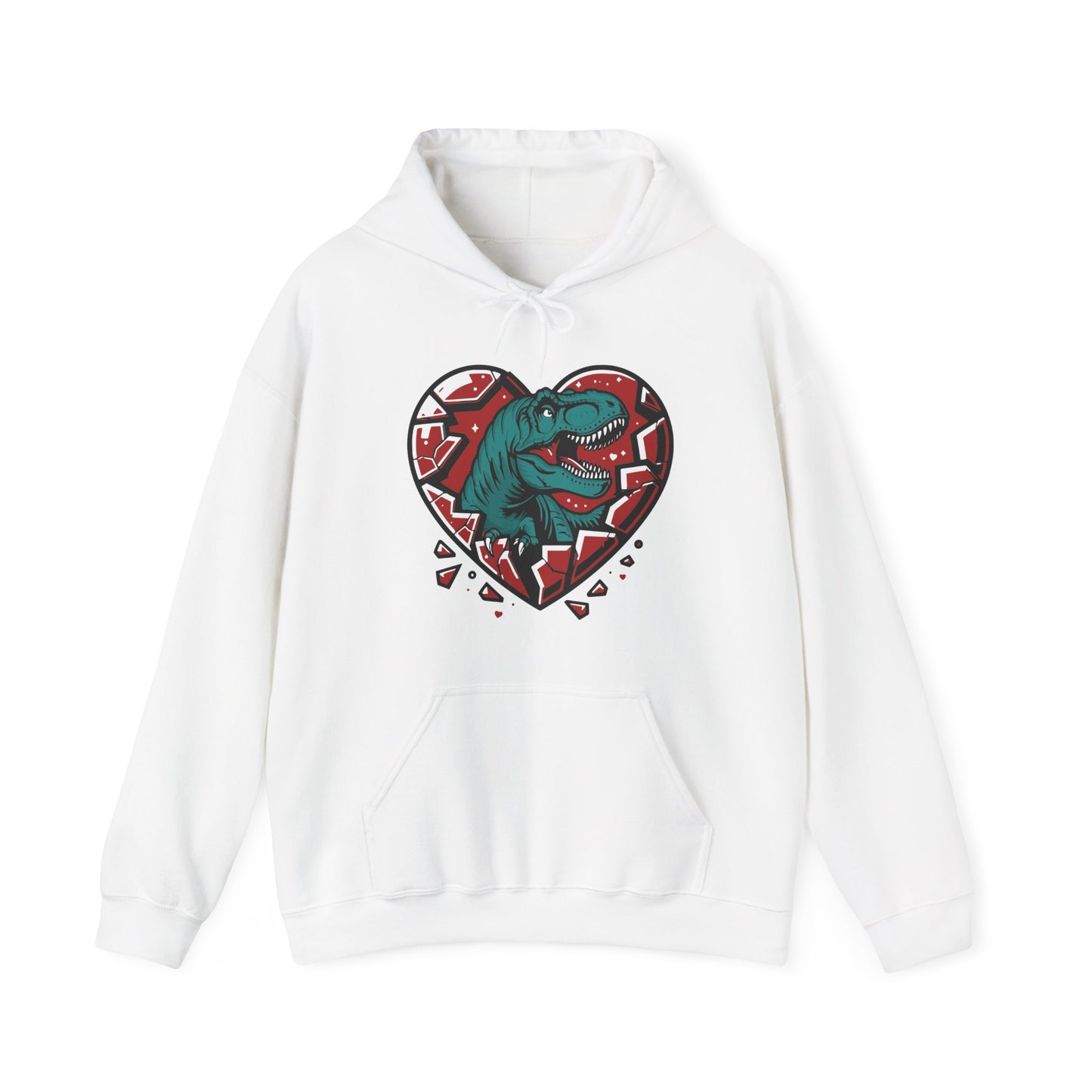 Front view of a white hoodie with a shattered heart design featuring a T-Rex emerging from the center in vibrant teal and red tones. Exclusive release for Valentine's Day. Part of the Vivid Divergence Sensory Friendly Sweaters Range.