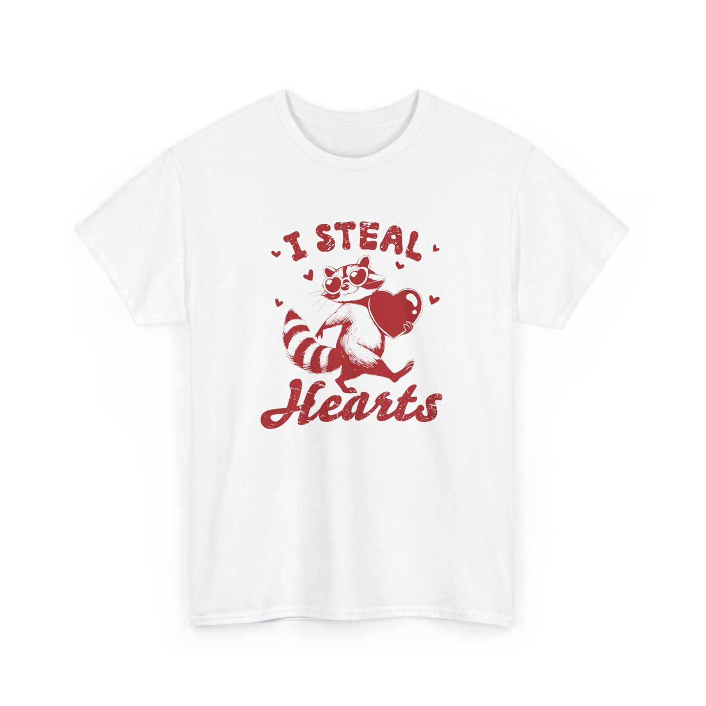 Front view of a white T-shirt with red text and raccoon illustration holding a heart that reads "I Steal Hearts." Exclusive release for Valentine’s Day. Part of the Vivid Divergence Sensory Friendly Unisex Tees Range.