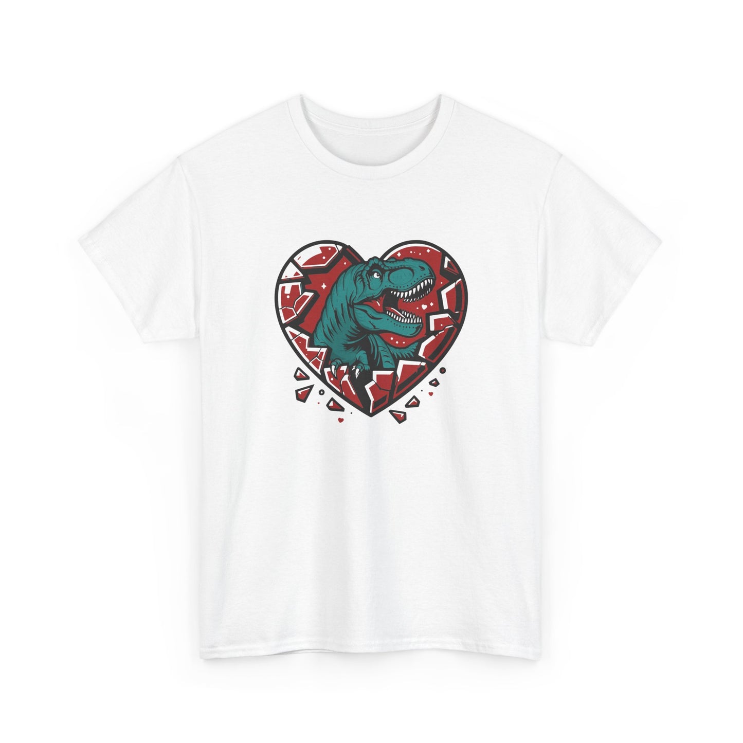 Front view of a white T-shirt featuring a green dinosaur inside a cracked red heart with small black hearts around it. Exclusive release for Valentine’s Day. Part of the Vivid Divergence Sensory Friendly Unisex Tees Range.