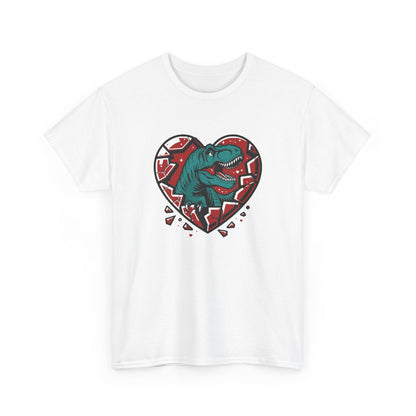 Front view of a white T-shirt featuring a green dinosaur inside a cracked red heart with small black hearts around it. Exclusive release for Valentine’s Day. Part of the Vivid Divergence Sensory Friendly Unisex Tees Range.