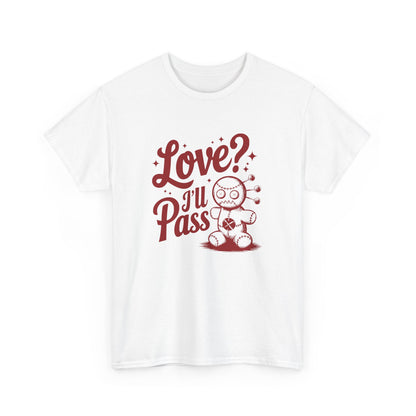 Front view of a white T-shirt with red text and a cartoon coffee cup illustration that reads "Love? I’ll Pass." Exclusive release for Valentine’s Day. Part of the Vivid Divergence Sensory Friendly Unisex Tees Range.