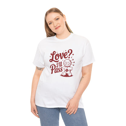 Woman wearing a white T-shirt with red text and a cartoon coffee cup illustration that reads "Love? I’ll Pass." Exclusive release for Valentine’s Day. Part of the Vivid Divergence Sensory Friendly Unisex Tees Range.