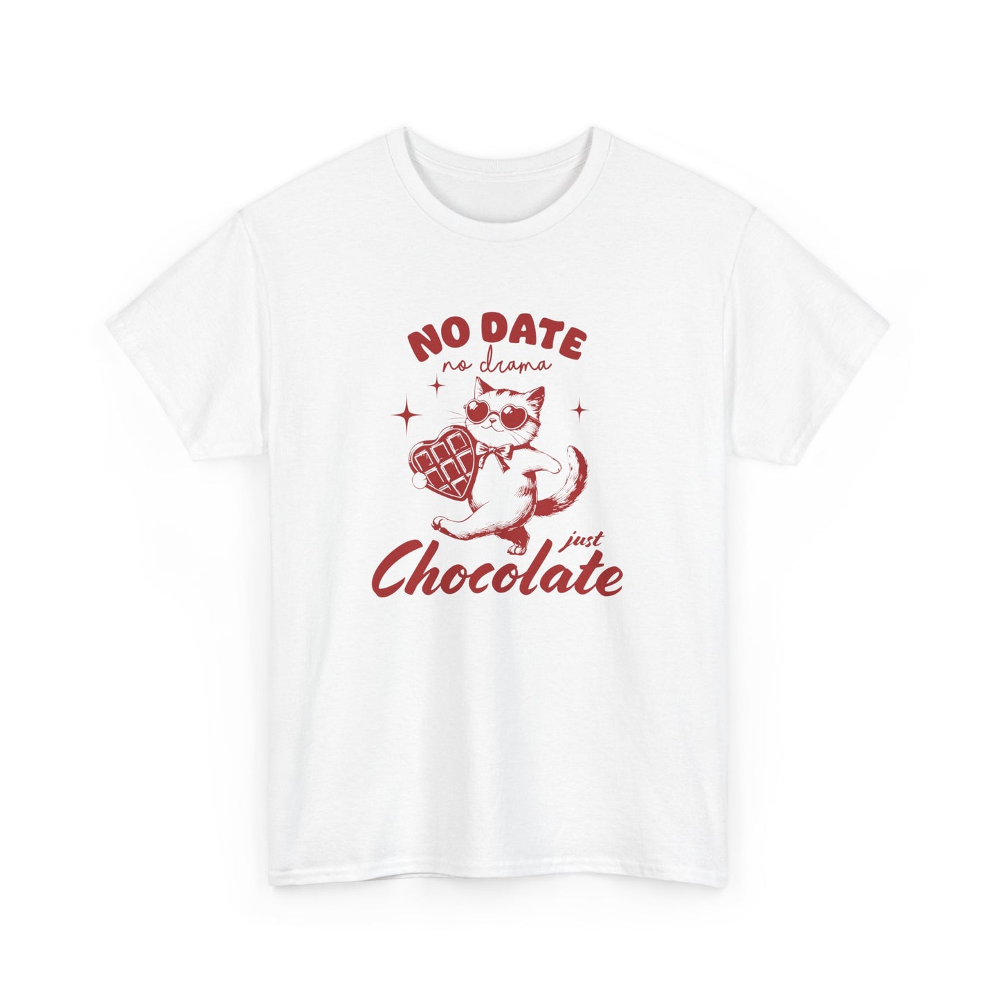 Front view of a white T-shirt with "No Date No Dramas Just Chocolate" text and a cute chocolate-holding cat design. Exclusive release for Valentine's Day. Part of the Vivid Divergence Sensory Friendly Unisex Tees Range.