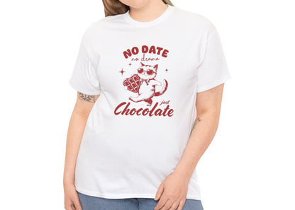 Modeled view of a white T-shirt with "No Date No Dramas Just Chocolate" design, featuring a cat holding chocolate. Exclusive release for Valentine's Day. Part of the Vivid Divergence Sensory Friendly Unisex Tees Range.