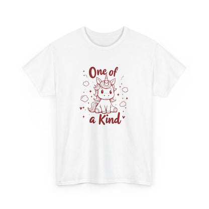 Front view of a white T-shirt with "One of a Kind" text and a cute doodle-style unicorn surrounded by hearts and sparkles. Part of the Vivid Divergence Sensory Friendly Unisex Tees Range.