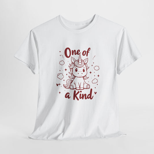 Hanging view of a white T-shirt with "One of a Kind" text and a cute doodle-style unicorn surrounded by hearts and sparkles. Part of the Vivid Divergence Sensory Friendly Unisex Tees Range.