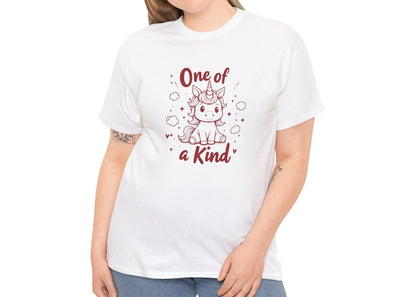 Modeled view of a white T-shirt with "One of a Kind" text and a doodle-style unicorn surrounded by hearts and sparkles. Part of the Vivid Divergence Sensory Friendly Unisex Tees Range.