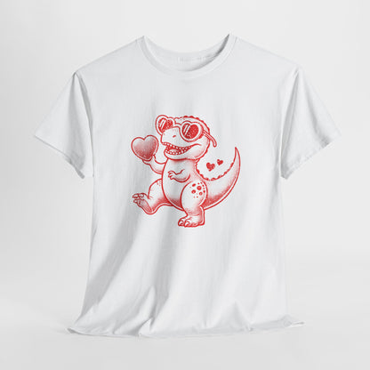 Front view of a white T-shirt featuring a pink cartoon dinosaur holding a heart, designed for Valentine’s Day. Exclusive release for Valentine’s Day. Part of the Vivid Divergence Sensory Friendly Unisex Tees Range.