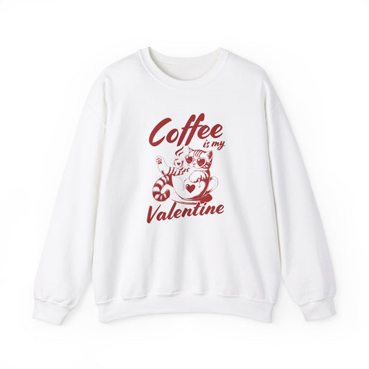 Front view of a white sweatshirt with "Coffee is My Valentine" text and coffee cup design in red. Exclusive release for Valentine's Day. Part of the Vivid Divergence Sensory Friendly Sweaters Range.