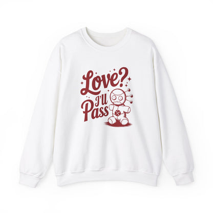 Front view of a white sweatshirt with "Love? I'll Pass" text and a cute voodoo doll design in red. Exclusive release for Valentine's Day. Part of the Vivid Divergence Sensory Friendly Sweaters Range.