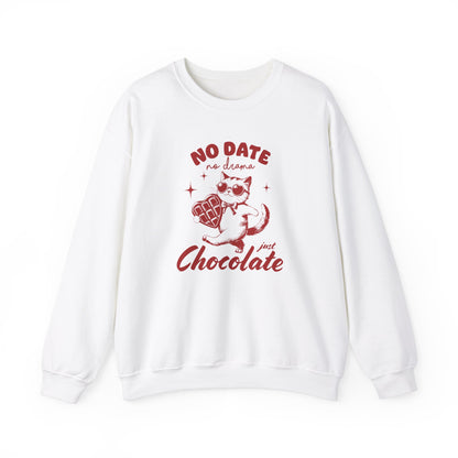 Front view of a white sweatshirt with "No Date, Just Chocolate" text and cute cartoon chocolate design in red. Exclusive release for Valentine's Day. Part of the Vivid Divergence Sensory Friendly Sweaters Range.