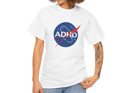 Woman wearing a white ADHD NASA parody T-shirt with a space-themed logo. Part of the Vivid Divergence Sensory Friendly Unisex Tees Range.